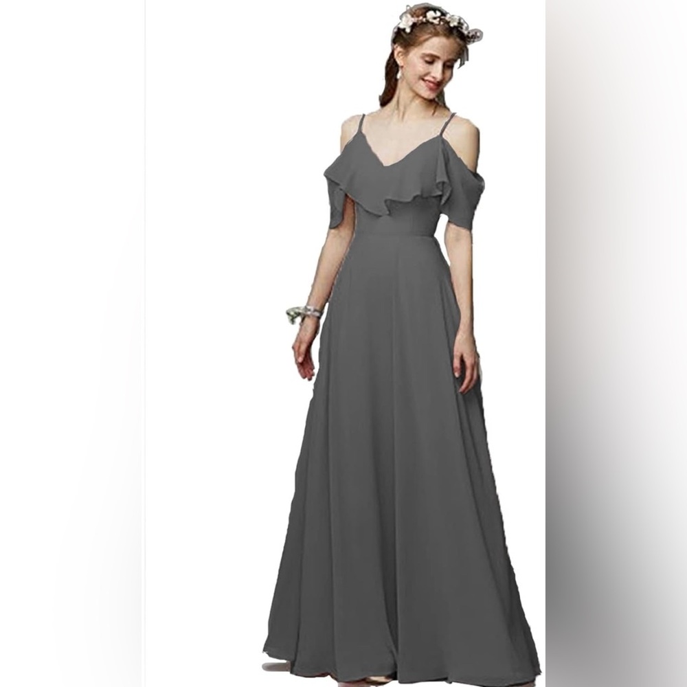 Gray Off-Shoulder Ruffle Formal Gown Maxi Dress Sz 14 L Evening Prom Wedding #4 - Picture 13 of 13